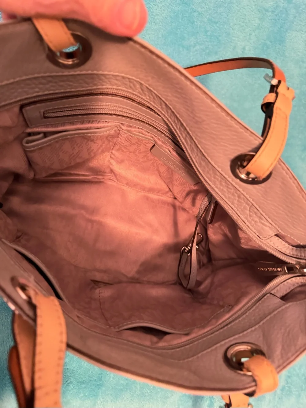Michael Kors Pebbled Leather Tote in Light blue  with Tan Straps